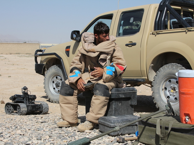 A student takes part in an exercise to disarm IEDs in Mazar-i-Sharif, Afghanistan.