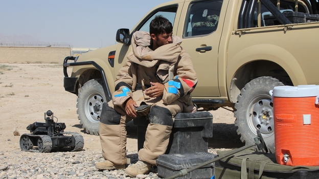 A student takes part in an exercise to disarm IEDs in Mazar-i-Sharif, Afghanistan. (NPR)