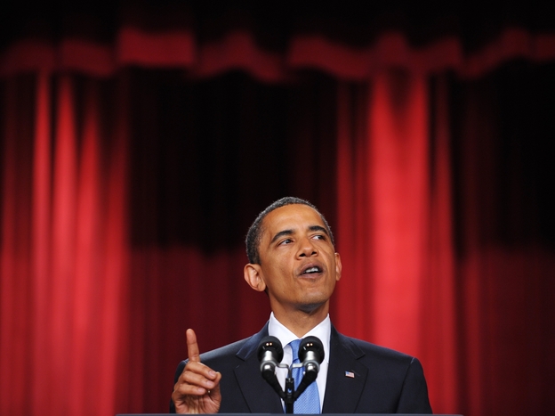President Barack Obama delivers his message to the Muslim world from the auditorium in the Cairo University campus during a one-day visit to Egypt on June 4, 2009.