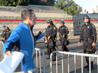 A protester yelling at a line of police officers guarding an intersection near a fundraiser for President Obama at the Fox Theater in Oakland on Monday. A protester yelling at a line of police officers guarding an intersection near a fundraiser for President Obama at the Fox Theater in Oakland on Monday.