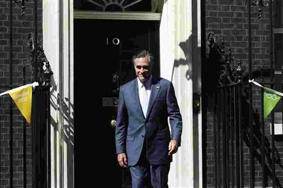 Mitt Romney leaves London's 10 Downing Street after meeting with British Prime Minister David Cameron. Mitt Romney leaves London's 10 Downing Street after meeting with British Prime Minister David Cameron.