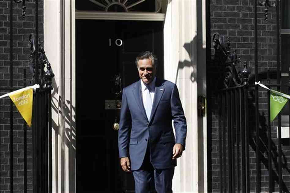 Mitt Romney leaves London's 10 Downing Street after meeting with British Prime Minister David Cameron. Mitt Romney leaves London's 10 Downing Street after meeting with British Prime Minister David Cameron.