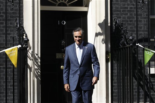 Mitt Romney leaves London's 10 Downing Street after meeting with British Prime Minister David Cameron.