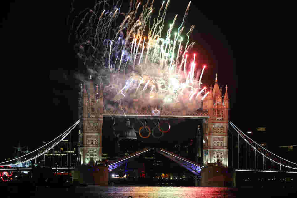 Fireworks light up Tower Bridge as the London 2012 Olympics opening ceremony takes place Friday. 