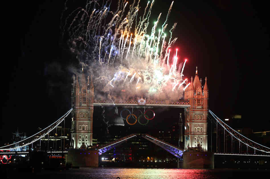 Fireworks light up Tower Bridge as the London 2012 Olympics opening ceremony takes place Friday. 