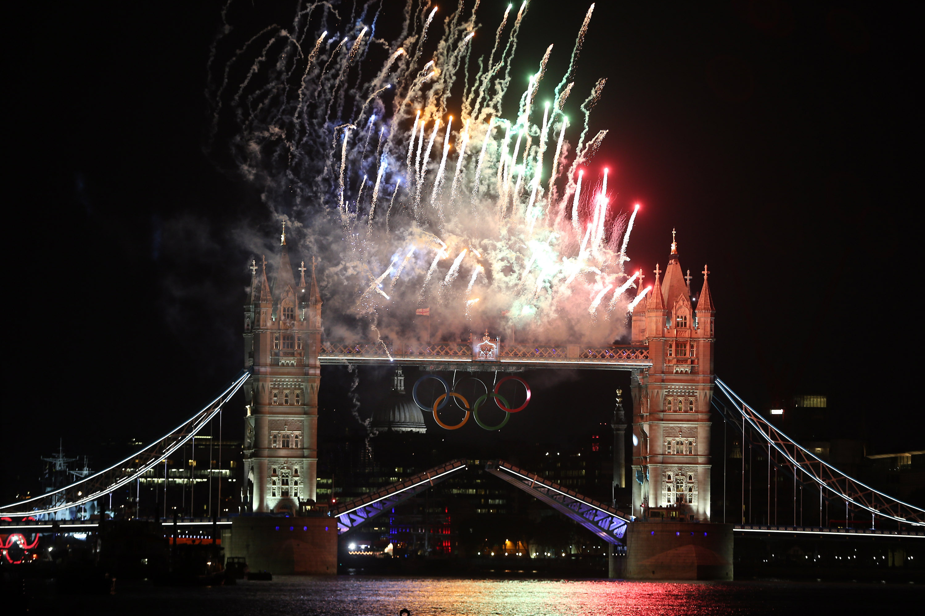 Fireworks light up Tower Bridge as the London 2012 Olympics opening ceremony takes place Friday. 