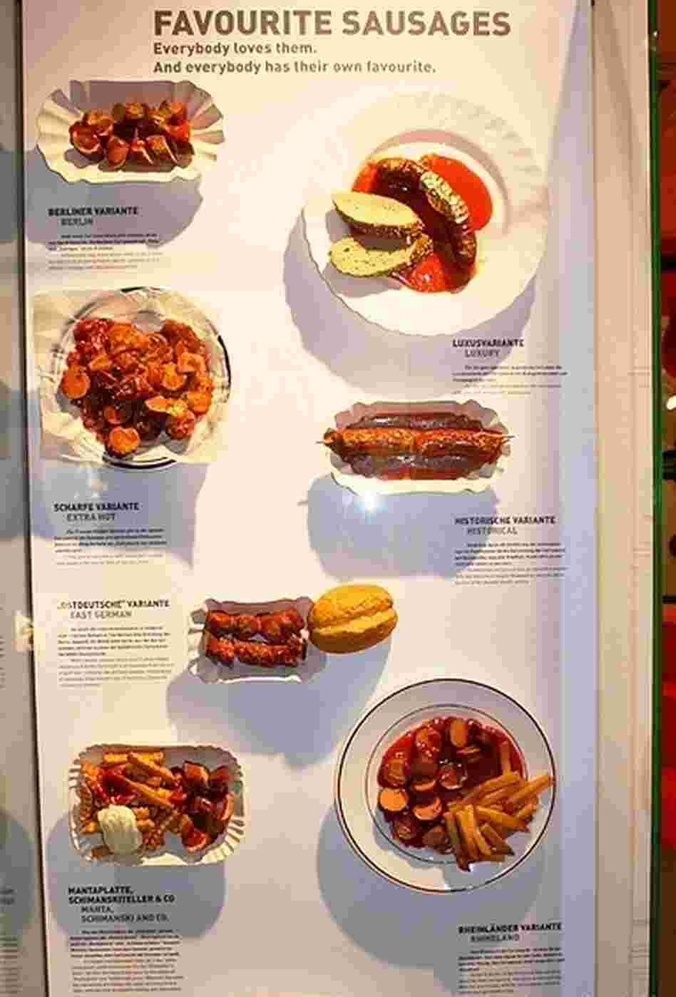 Berliners display their favorite sausages at the Currywurst Museum in Germany.