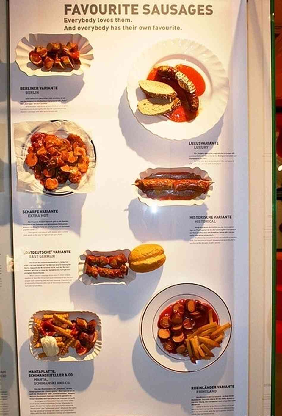 Berliners display their favorite sausages at the Currywurst Museum in Germany.