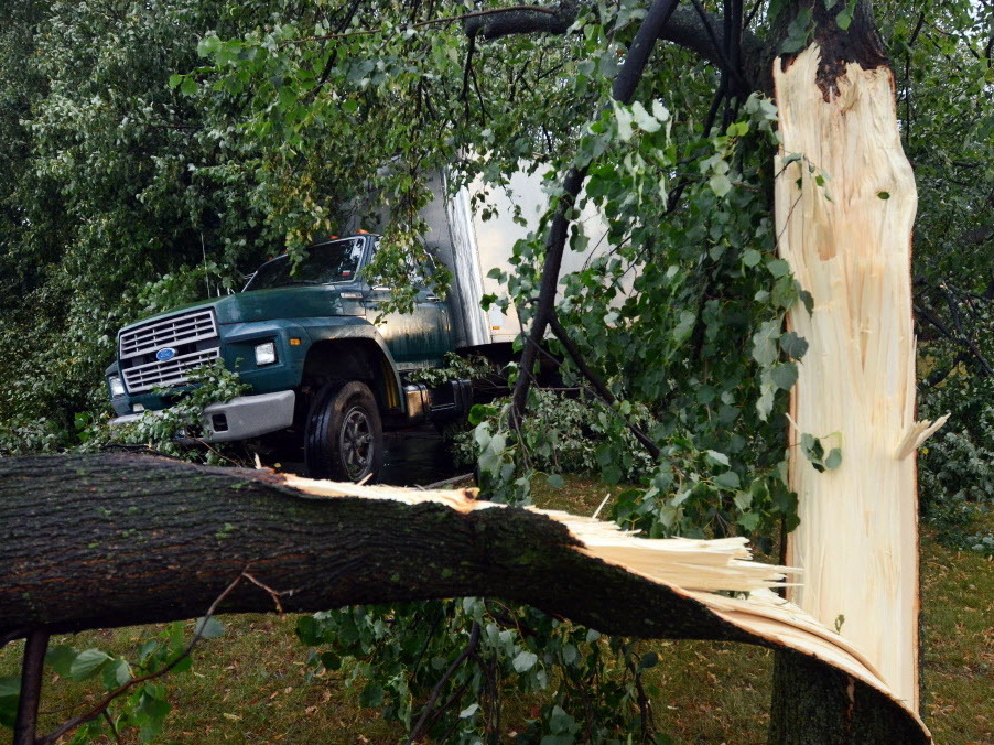 Broken trees lying across a truck in Elmira, N.Y., after Thursday's storm.