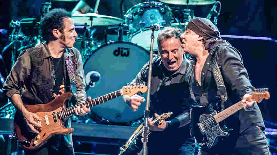 Nils Lofgren, Bruce Springsteen and Stevie Van Zandt performing in Paris earlier this month.