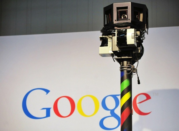 The camera mounted on a Google Street View car used to photograph whole streets obscures part of the U.S. Internet giant's logo.