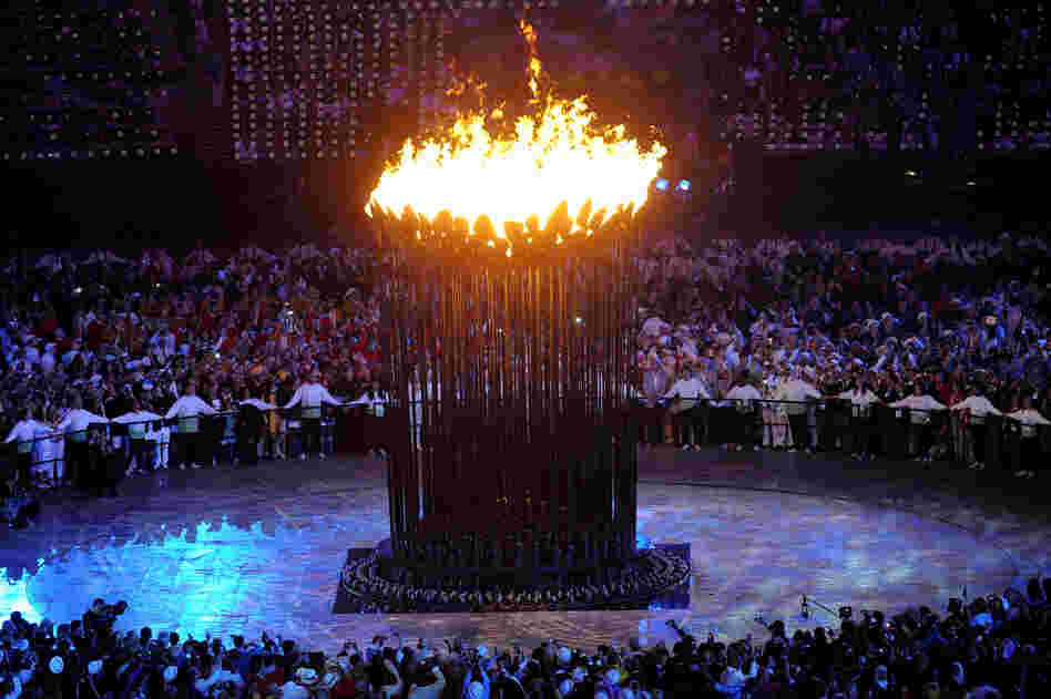 The Olympic Cauldron is lit during the opening ceremony of the London 2012 Olympic Games.