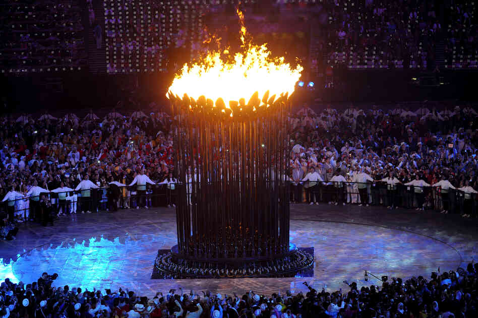 The Olympic Cauldron is lit during the opening ceremony of the London 2012 Olympic Games.