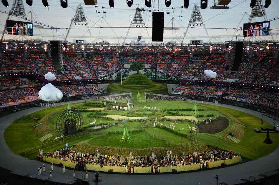 Animals and actors enter the stadium for a meadow scene before the opening ceremony of the London 2012 Olympic Games on Friday.