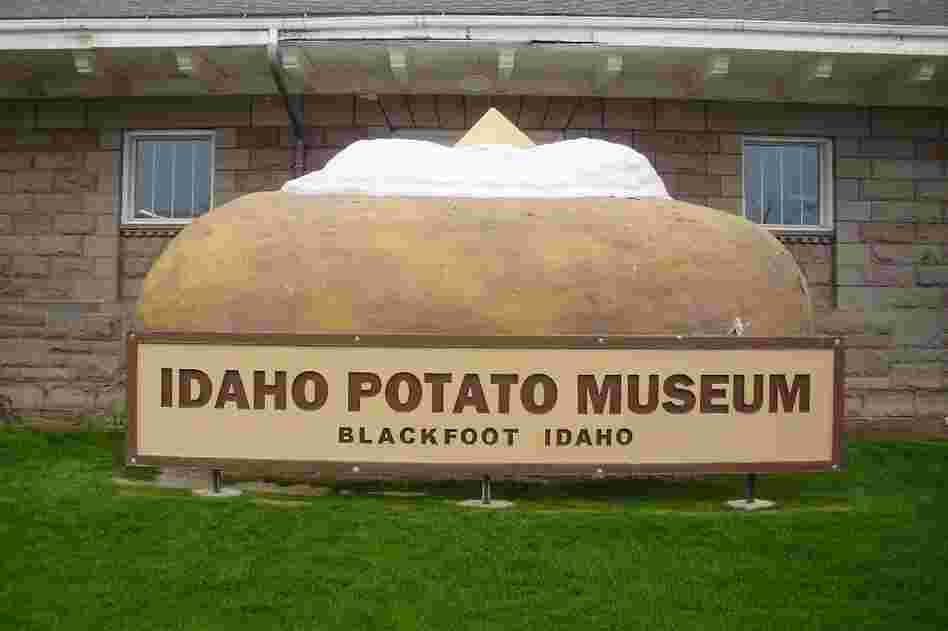 A decked-out giant baked potato carries the sign for the Idaho Potato Museum in Blackfoot, Idaho.