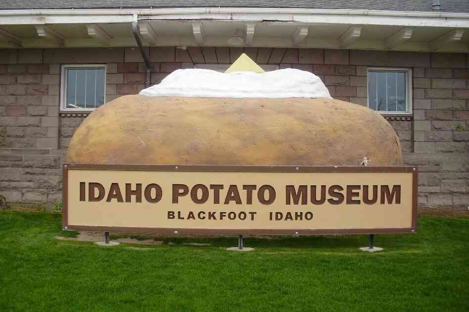A decked-out giant baked potato carries the sign for the Idaho Potato Museum in Blackfoot, Idaho.