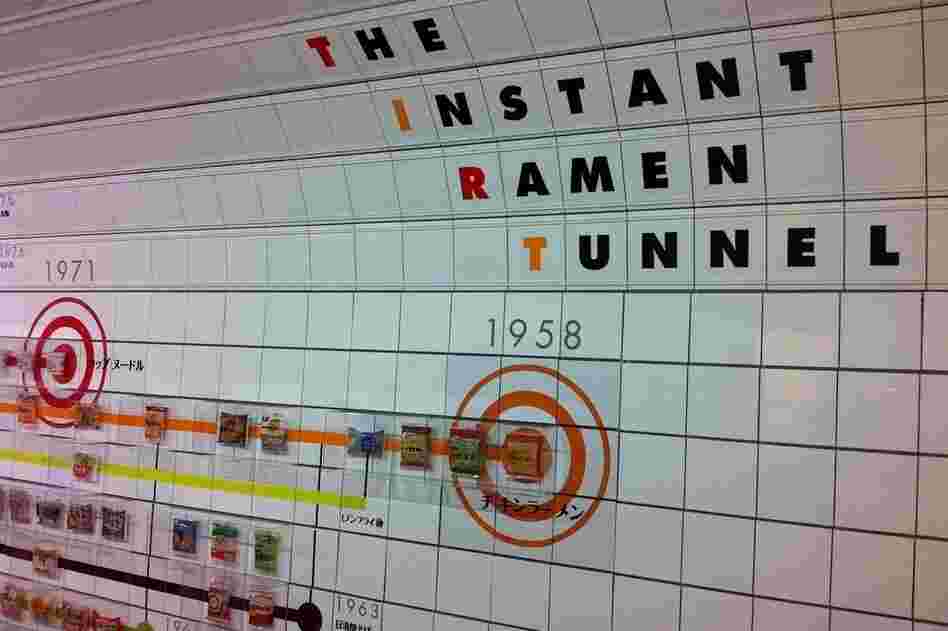 A tunnel timeline showcasing the history of instant ramen at the Momofuku Ando Instant Ramen Museum in Osaka, Japan.