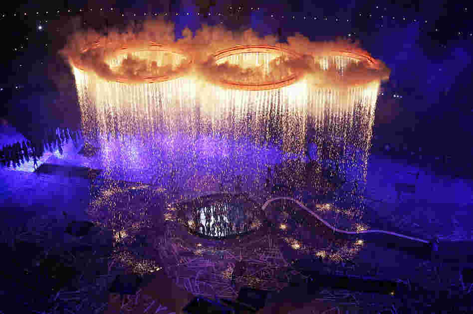The Olympic Rings are assembled in the 80,000-seat Olympic Stadium.