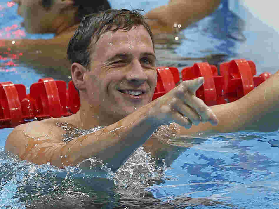 United States' Ryan Lochte reacts after finishing first in the men's 400-meter individual medley swimming final at the Aquatics Centre in the Olympic Park. Lochte won the first U.S. gold medal at the 2012 Summer Games.