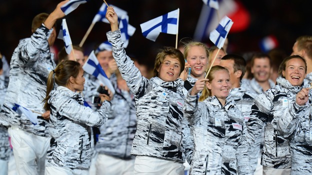 Members of the Finnish delegation walk in the opening ceremony of the London Olympics.