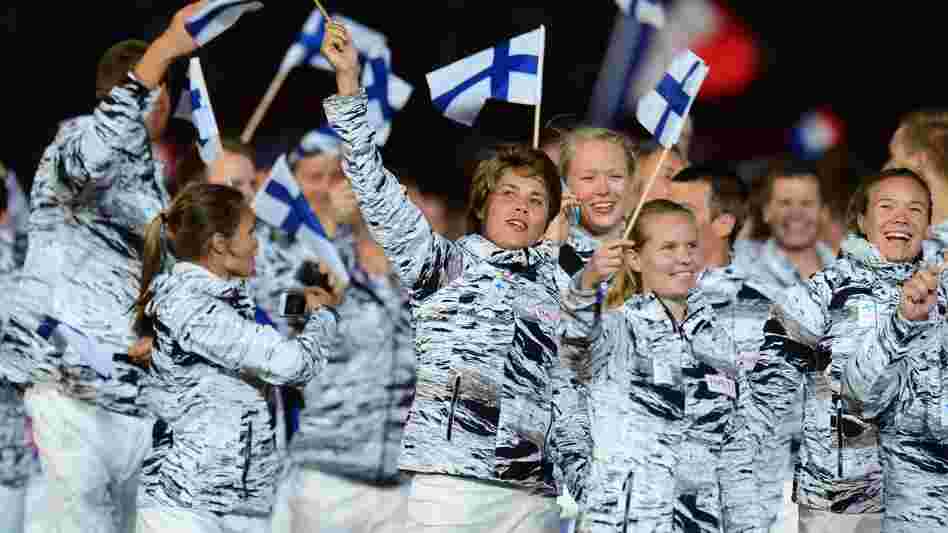 Members of the Finnish delegation walk in the opening ceremony of the London Olympics.
