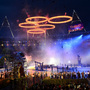 The Olympic rings are assembled above the stadium in a scene depicting the Industrial Revolution during the Opening Ceremony of the London 2012 Olympic Games at the Olympic Stadium on July 27.