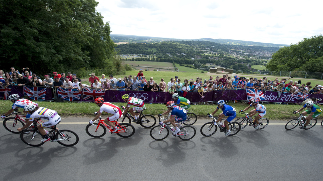 Rigoberto Uran of Colombia leads a group of riders as they ride up Boxhill on the outskirts of London, during the men's cycling road race for the 2012 London Olympic Games.