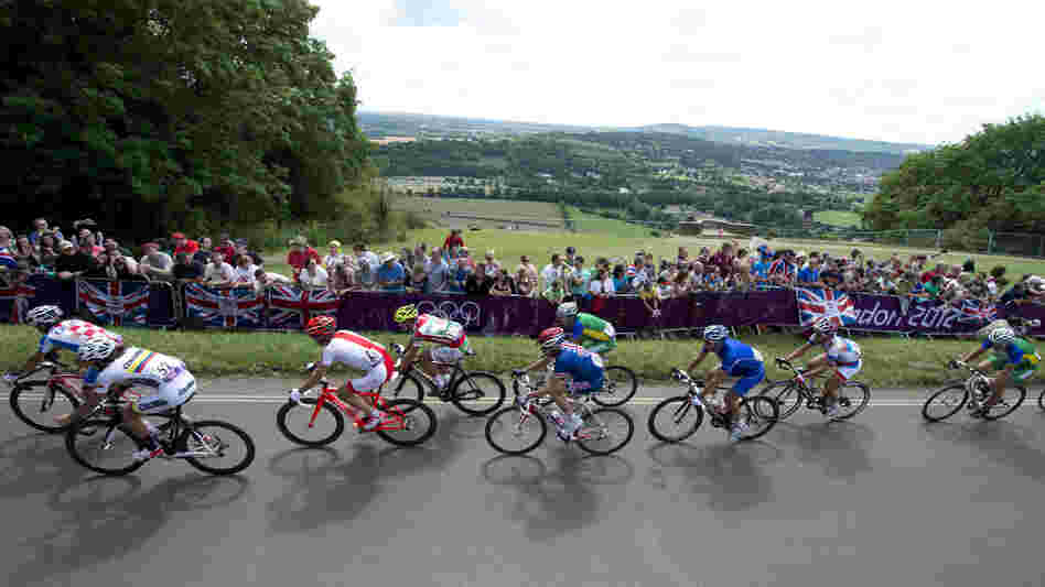 Rigoberto Uran of Colombia leads a group of riders as they ride up Boxhill on the outskirts of London, during the men's cycling road race for the 2012 London Olympic Games.