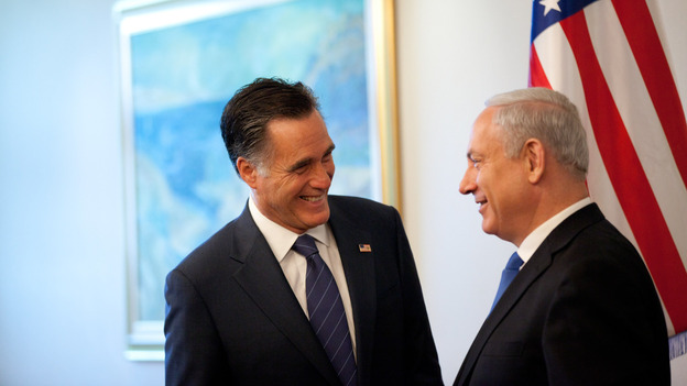 Republican presidential candidate Mitt Romney meets Israeli Prime Minister Benjamin Netanyahu before a meeting at the prime minister's office Sunday in Jerusalem, Israel.