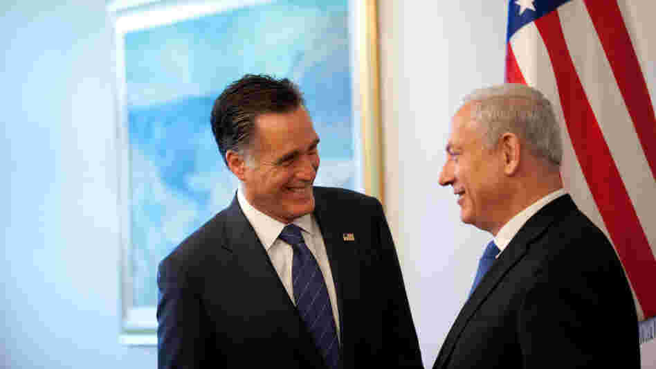 Republican presidential candidate Mitt Romney meets Israeli Prime Minister Benjamin Netanyahu before a meeting at the prime minister's office Sunday in Jerusalem, Israel.
