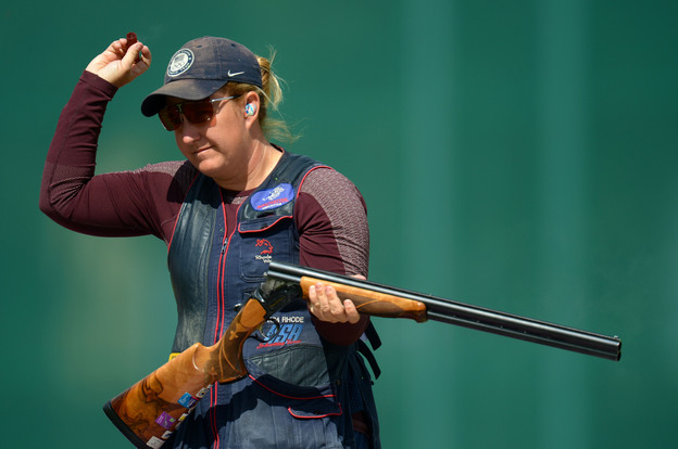 Kimberly Rhode of the United States competes in the qualification round of the Women's Skeet Shooting on Day 2 of the London 2012 Olympic Games at The Royal Artillery Barracks on Sunday.