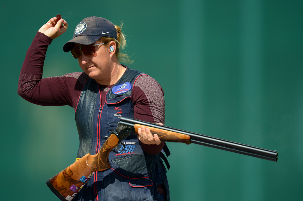 Kimberly Rhode of the United States competes in the qualification round of the Women's Skeet Shooting on Day 2 of the London 2012 Olympic Games at The Royal Artillery Barracks on Sunday.