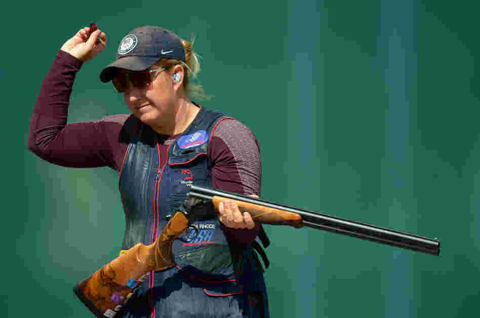 Kimberly Rhode of the United States competes in the qualification round of the Women's Skeet Shooting on Day 2 of the London 2012 Olympic Games at The Royal Artillery Barracks on Sunday.