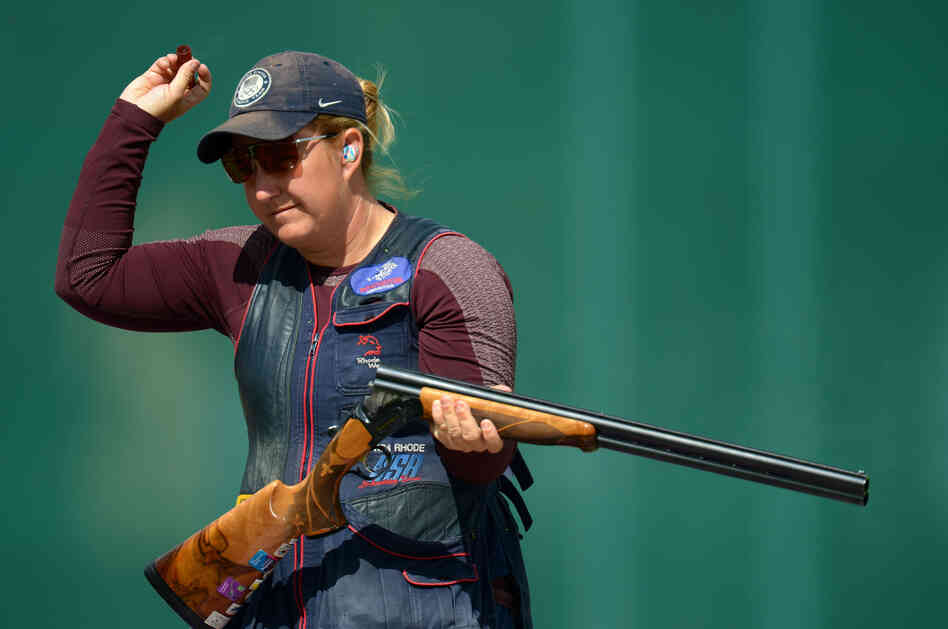Kimberly Rhode of the United States competes in the qualification round of the Women's Skeet Shooting on Day 2 of the London 2012 Olympic Games at The Royal Artillery Barracks on Sunday.