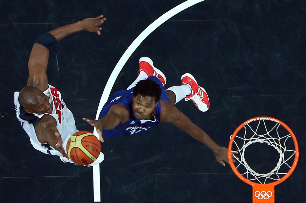 Kobe Bryant #10 of United States shoots the ball against Mickael Gelabale #15 of France during their Men's Basketball Game on Day 2 of the London 2012 Olympic Games at the Basketball Arena on Sunday.