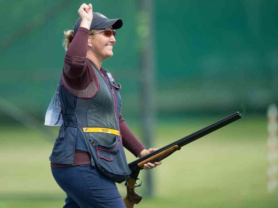 American shooter Kimberly Rhode celebrates after winning gold in the women's skeet shooting final.