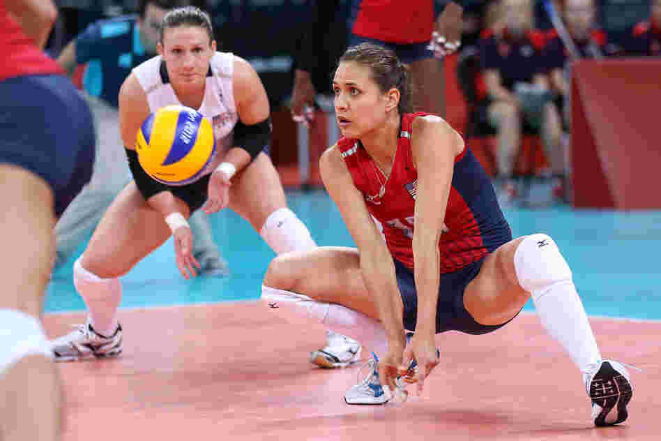 Logan Tom returns a serve in the women's volleyball preliminary match between the U.S. and Brazil. The U.S. won the match.