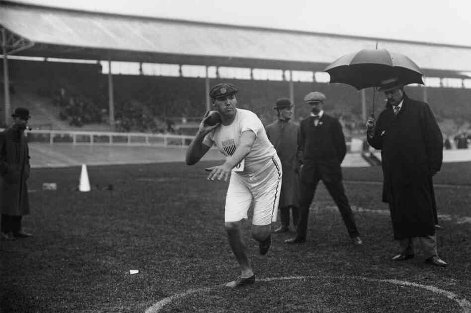 American Ralph Rose prepares for the shot put event, in which he won the gold medal.