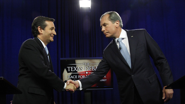 Ted Cruz, left, and David Dewhurst shake hands before their Republican Senate debate in Dallas on June 22.