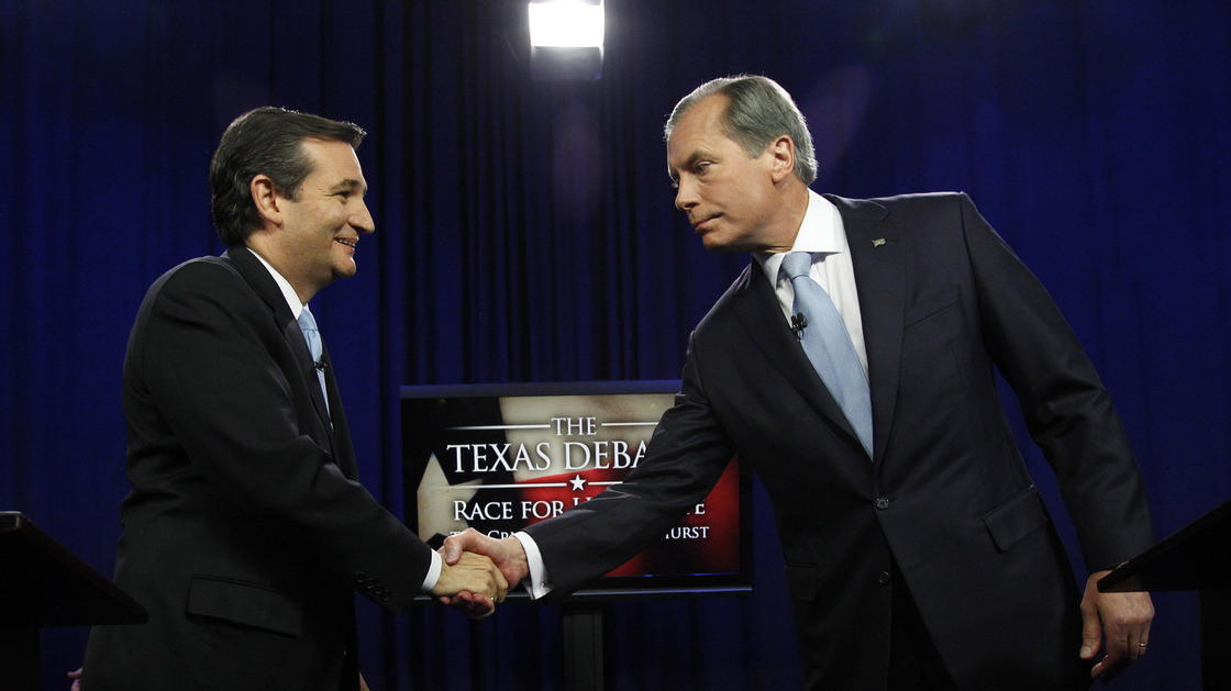 Ted Cruz, left, and David Dewhurst shake hands before their Republican Senate debate in Dallas on June 22.