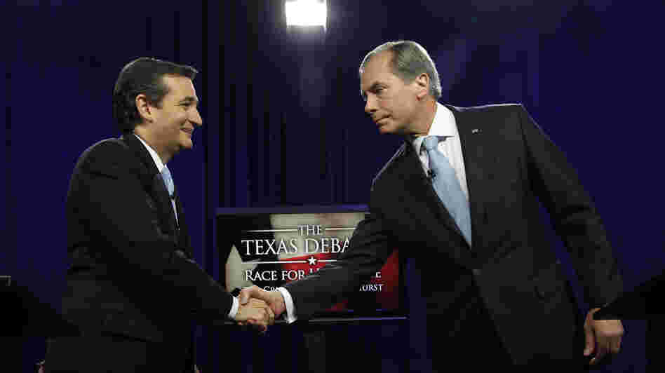 Ted Cruz, left, and David Dewhurst shake hands before their Republican Senate debate in Dallas on June 22.