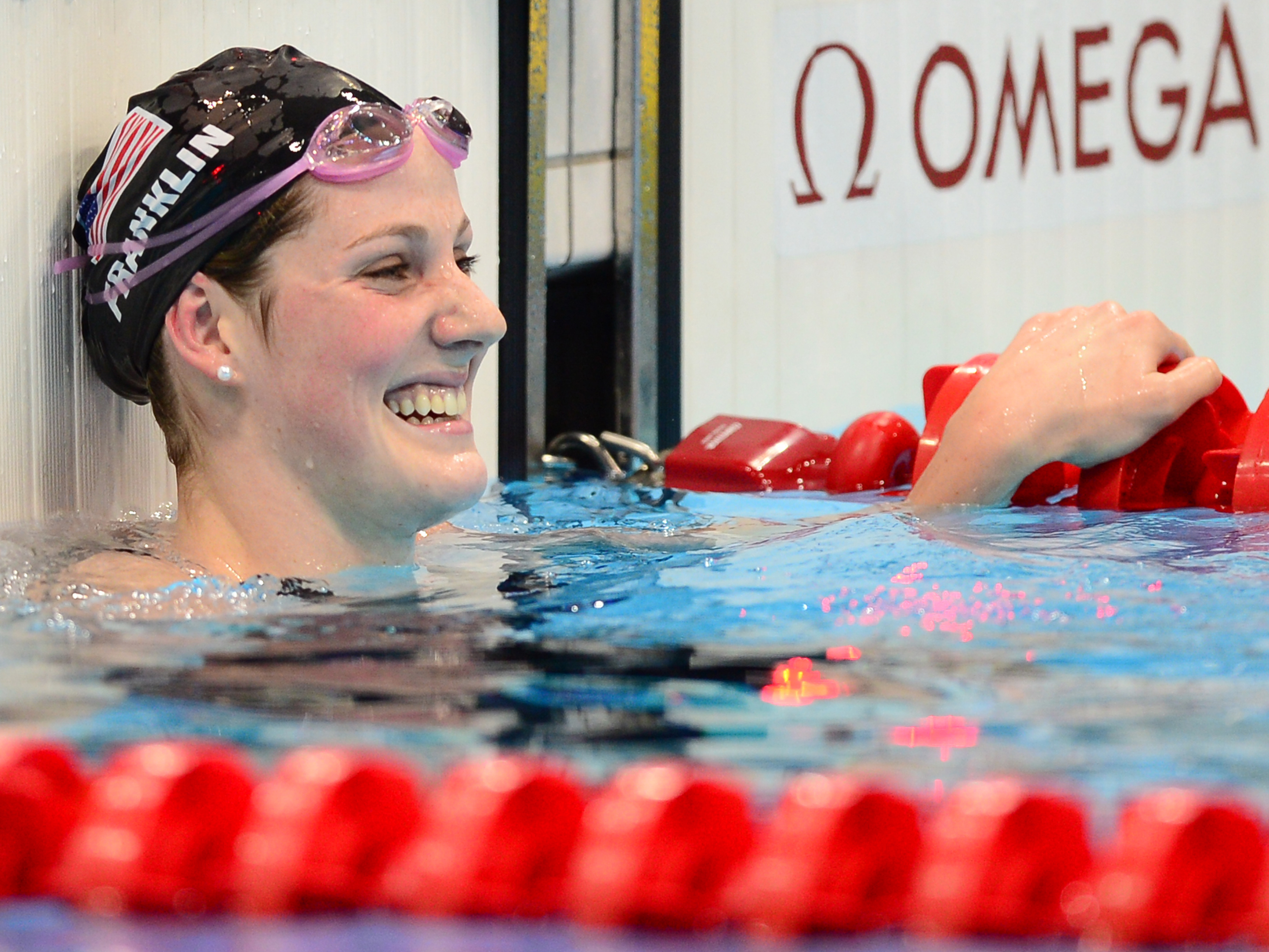 <strong>Record setter:</strong> U.S. swimmer Missy Franklin celebrates winning the women's 100m backstroke final at the London 2012 Olympic Games.