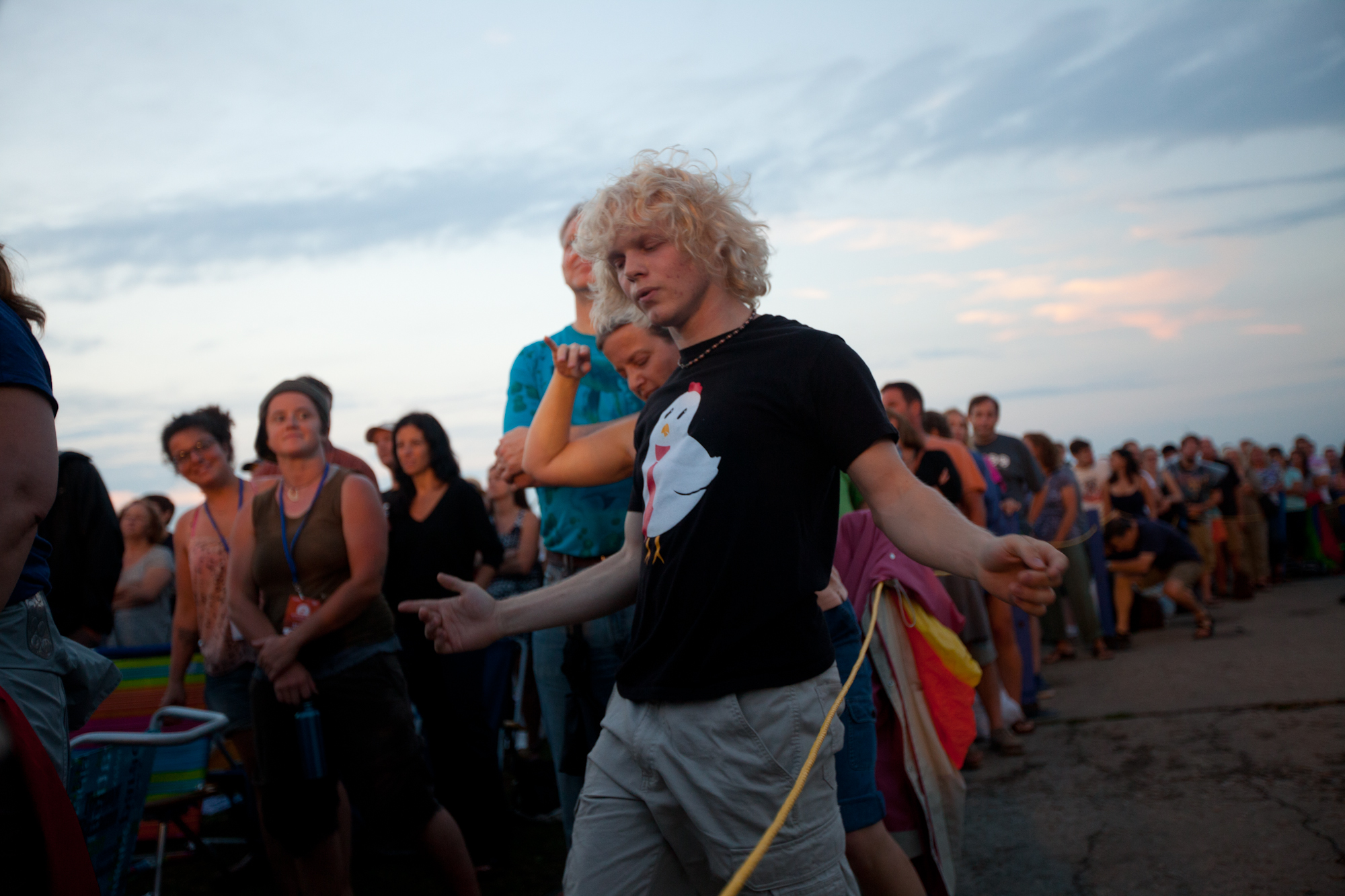 Michael Dale of Amherst, Mass., dances during Wilco.