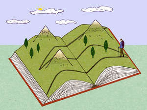 Illustration: A woman treks across a book landscape.