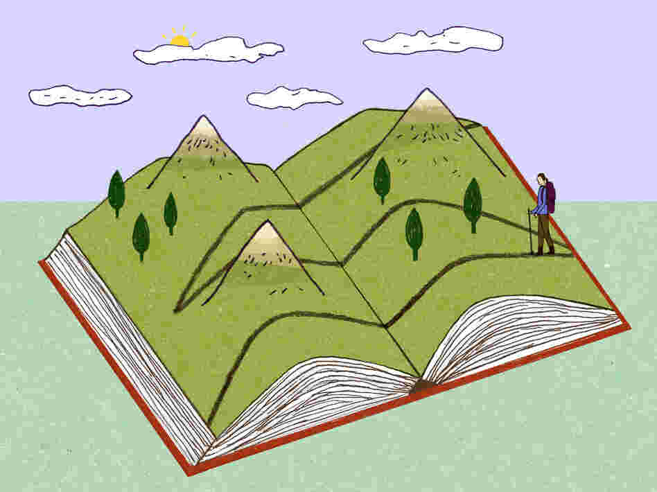 Illustration: A woman treks across a book landscape. Illustration: A woman treks across a book landscape.