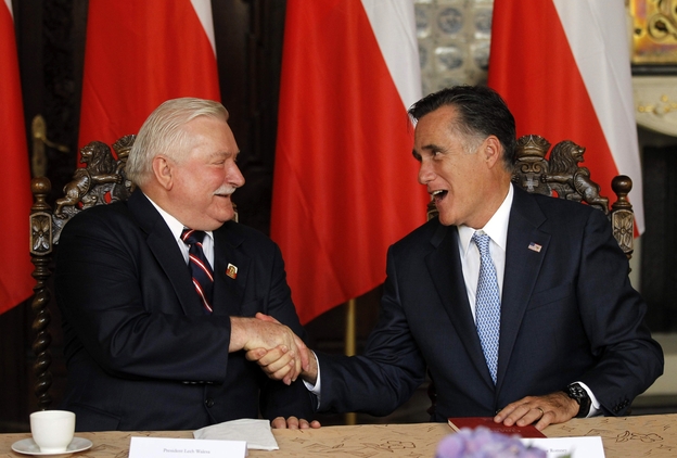 Mitt Romney, right, meets Monday with former Polish President Lech Walesa in Gdansk.