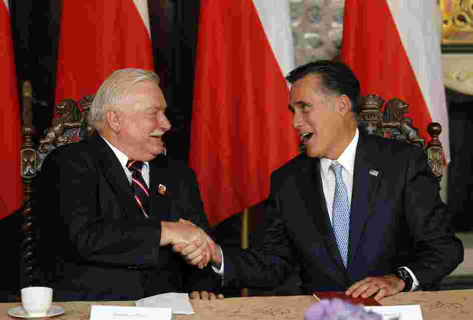 Mitt Romney, right, meets Monday with former Polish President Lech Walesa in Gdansk.