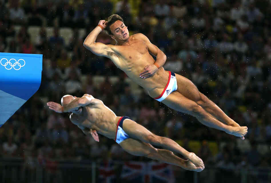 Tom Daley (R) and Peter Waterfield of Great Britain compete in the Men's Synchronised 10m Platform Diving Tuesday in London, England.