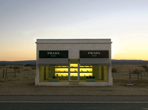 Prada, Marfa is a faux boutique displaying luxury bags and shoes in the middle of the sparse Texas landscape. It was created in 2005 by artist duo Michael Elmgreen and Ingar Dragset. Prada, Marfa is a faux boutique displaying luxury bags and shoes in the middle of the sparse Texas landscape. It was created in 2005 by artist duo Michael Elmgreen and Ingar Dragset.