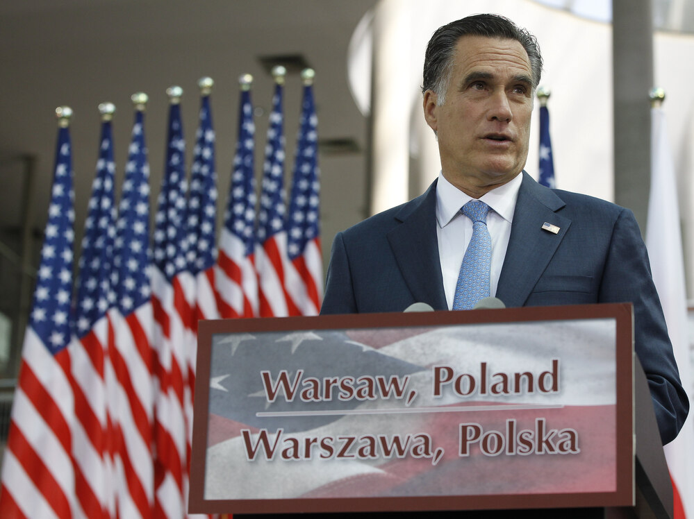Mitt Romney speaks at the University of Warsaw Library in Warsaw, Poland, on Tuesday.